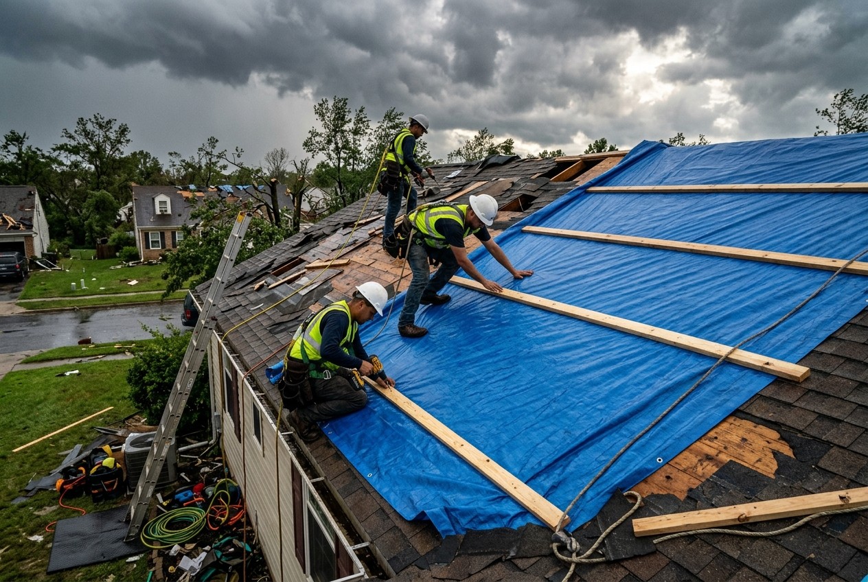 Emergency roofing crew securing heavy duty waterproof tarp on storm-damaged roof in Maryland