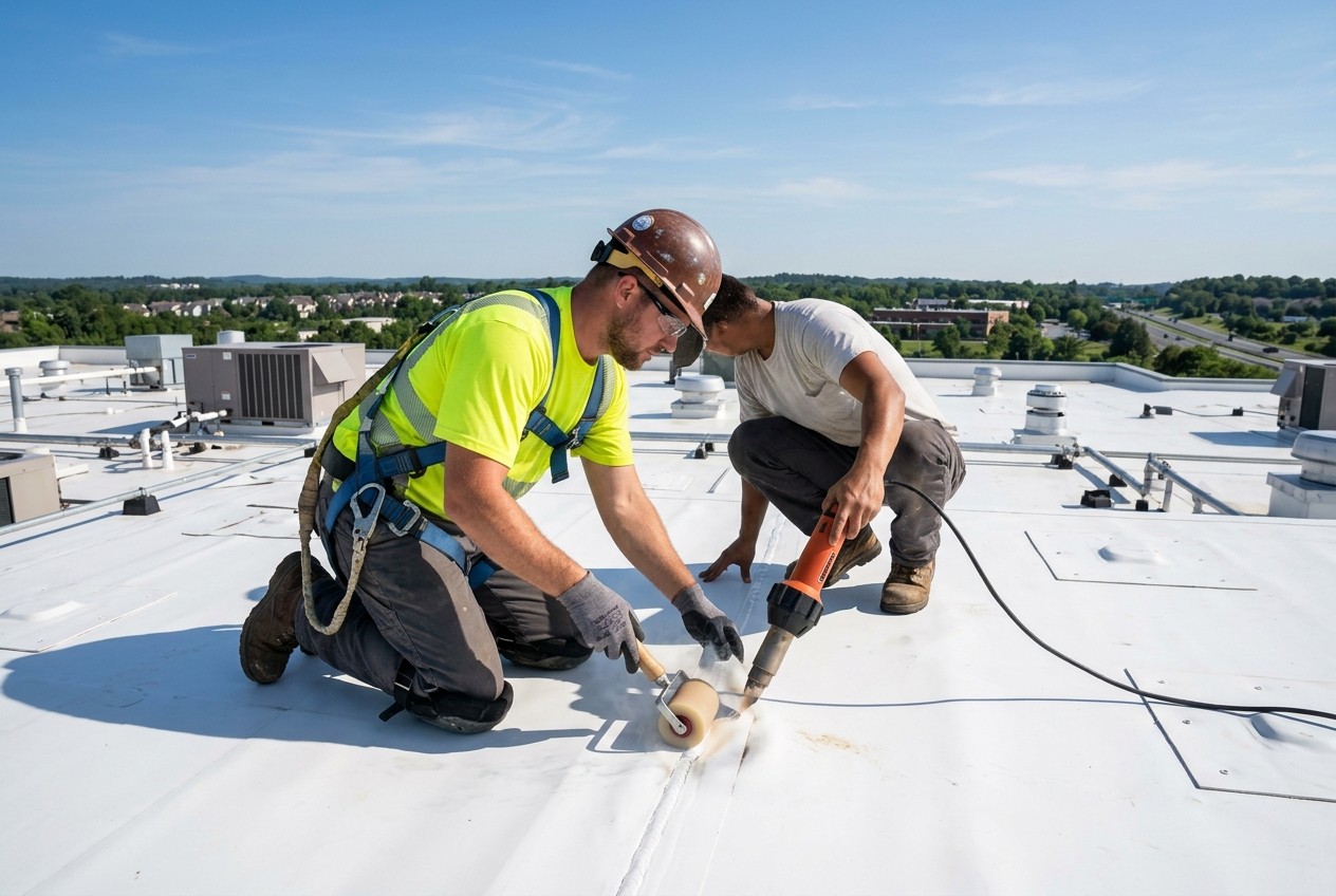 Roofing crew heat welding white reflective TPO membrane seams on a flat roof in Maryland