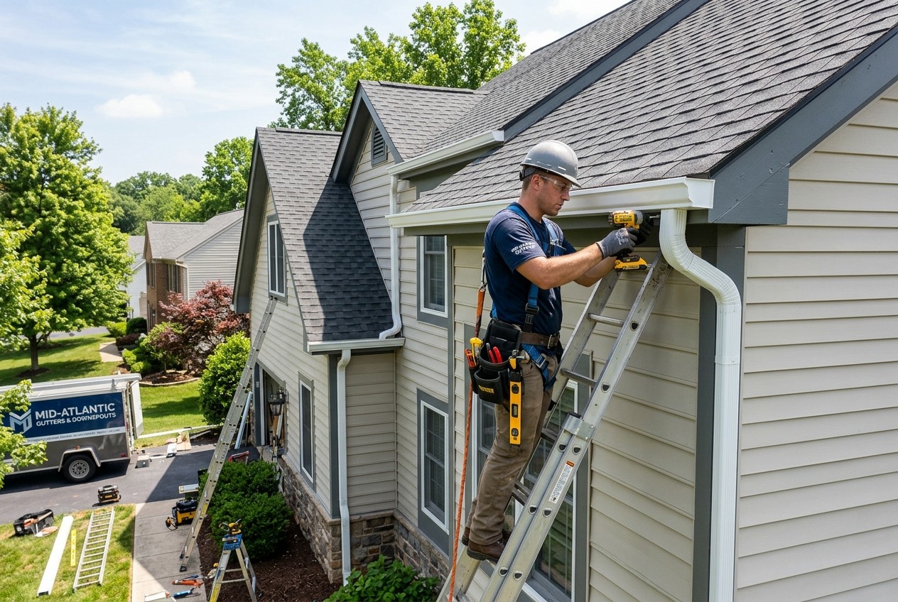 Technician installing seamless white aluminum gutters along roofline of Maryland home