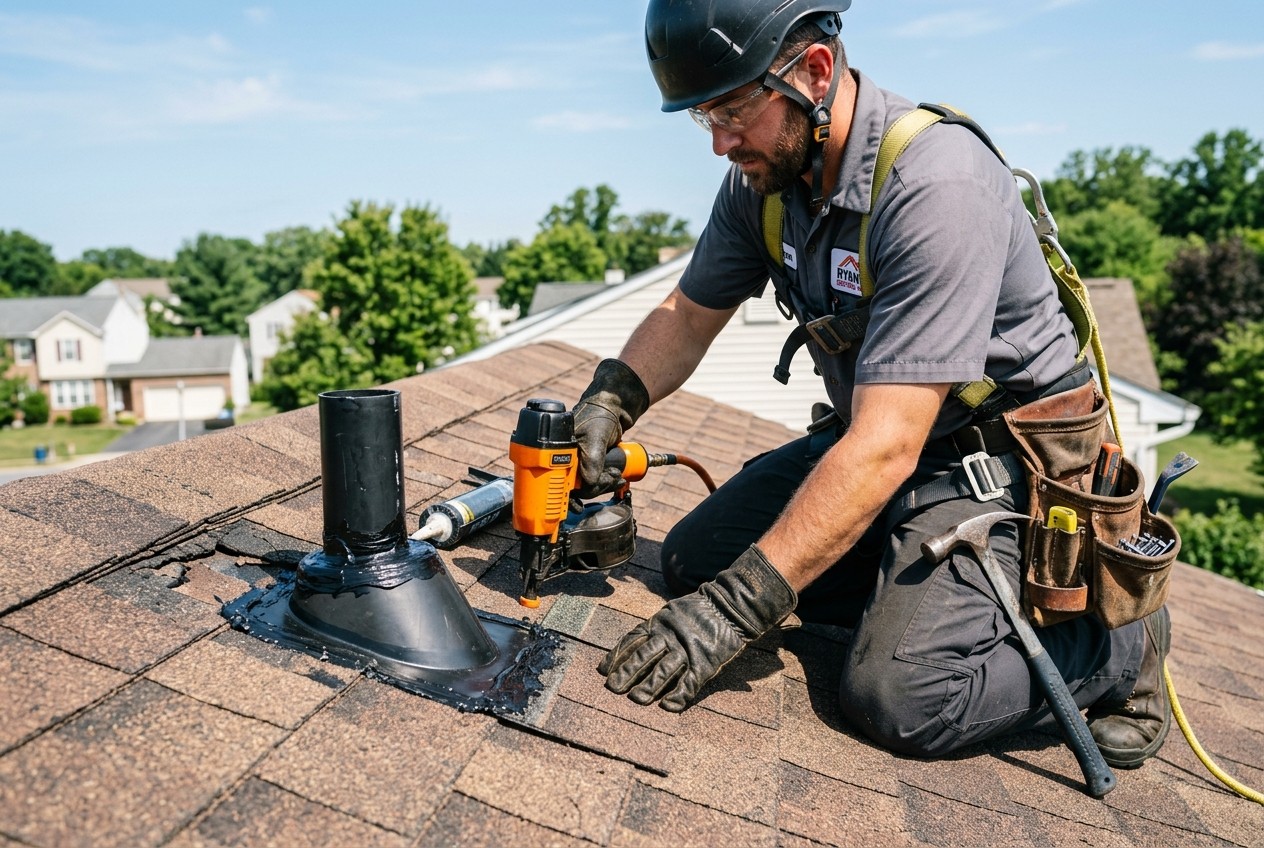 Roofer repairing asphalt shingles and pipe boot flashing on a residential roof in Maryland