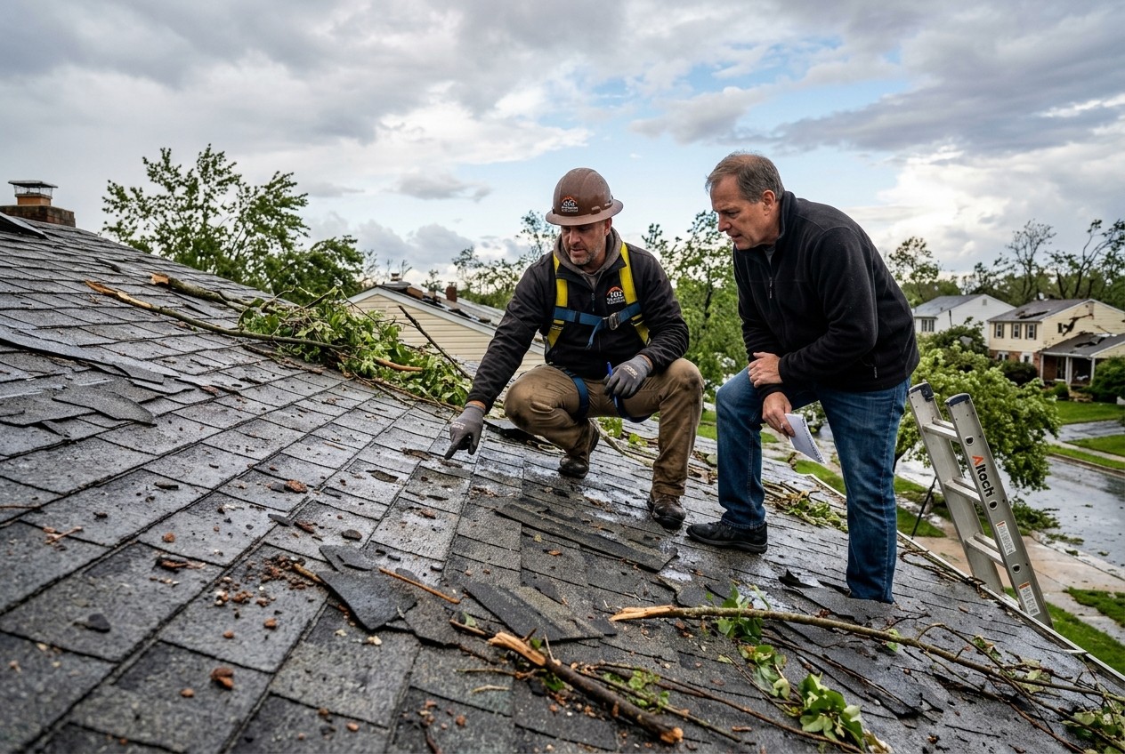 Roofing contractor assessing storm damage on residential roof after Maryland storm
